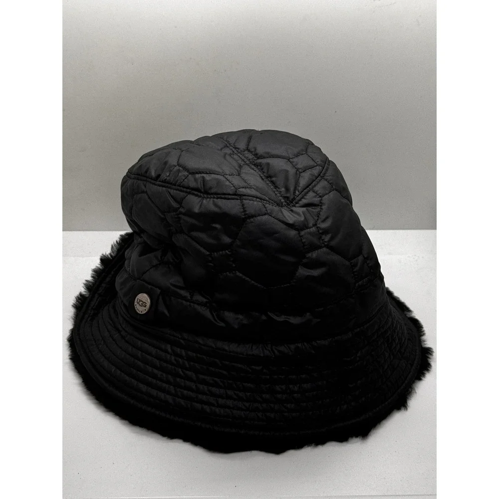 UGG Australia Black Quilted Puffer Bucket Hat Real Shearling Fur Lined Trim OS